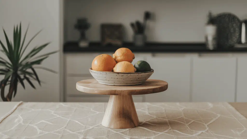 a wooden pedestal stand on a kitchen table topped with a small ceramic fruit bowl adding height and dimension to the display