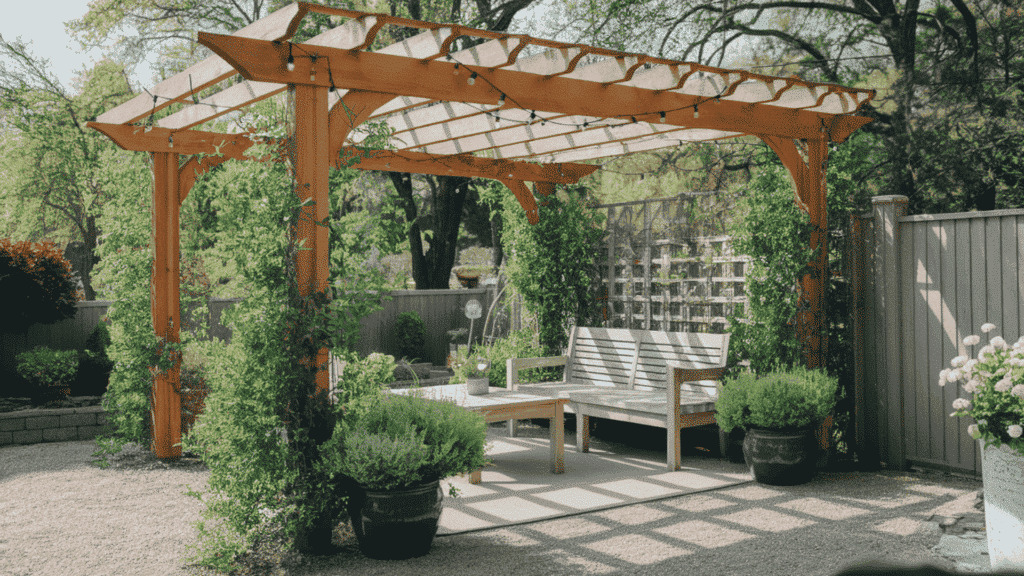 a wooden pergola with warm string lights and climbing green plants draped over an outdoor seating area in a sunny backyard garden