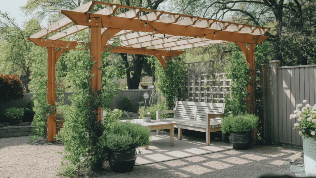 a wooden pergola with warm string lights and climbing green plants draped over an outdoor seating area in a sunny backyard garden