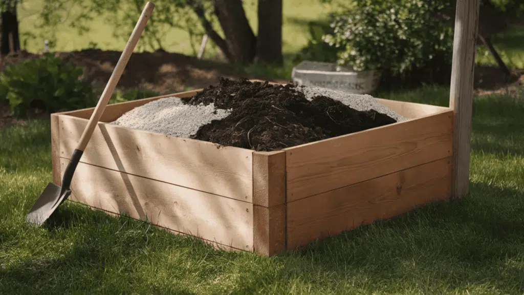 a wooden raised garden bed being filled with a mix of garden soil compost and perlite