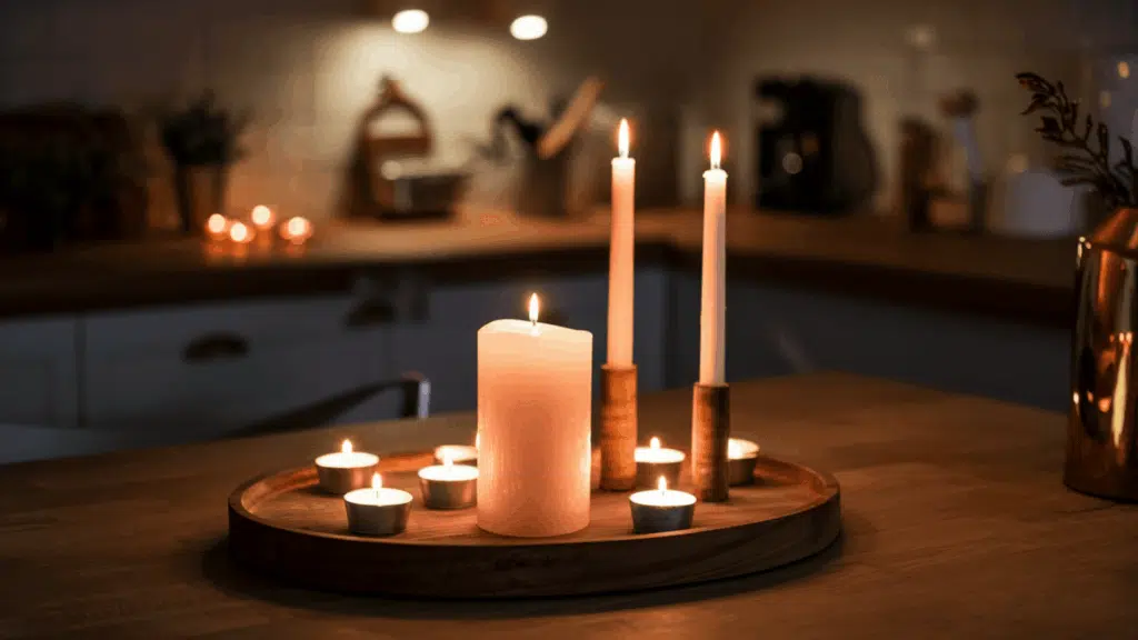a wooden tray on a kitchen table holding a mix of pillar candles, tapers, and tea lights in varying heights with a warm glow