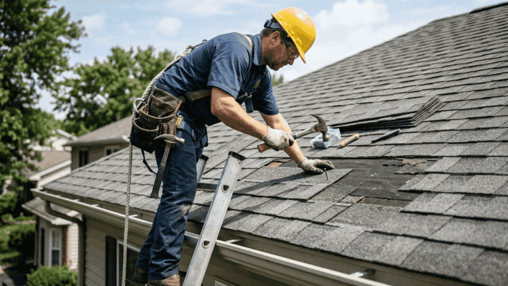 a worker fixing a small section of a roof, replacing damaged shingles and using basic roofing tools like a hammer and nails