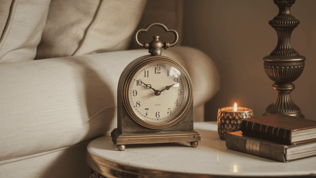 aged brass vintage style tabletop clock on a sofa table beside a small candle and a stack of decorative books