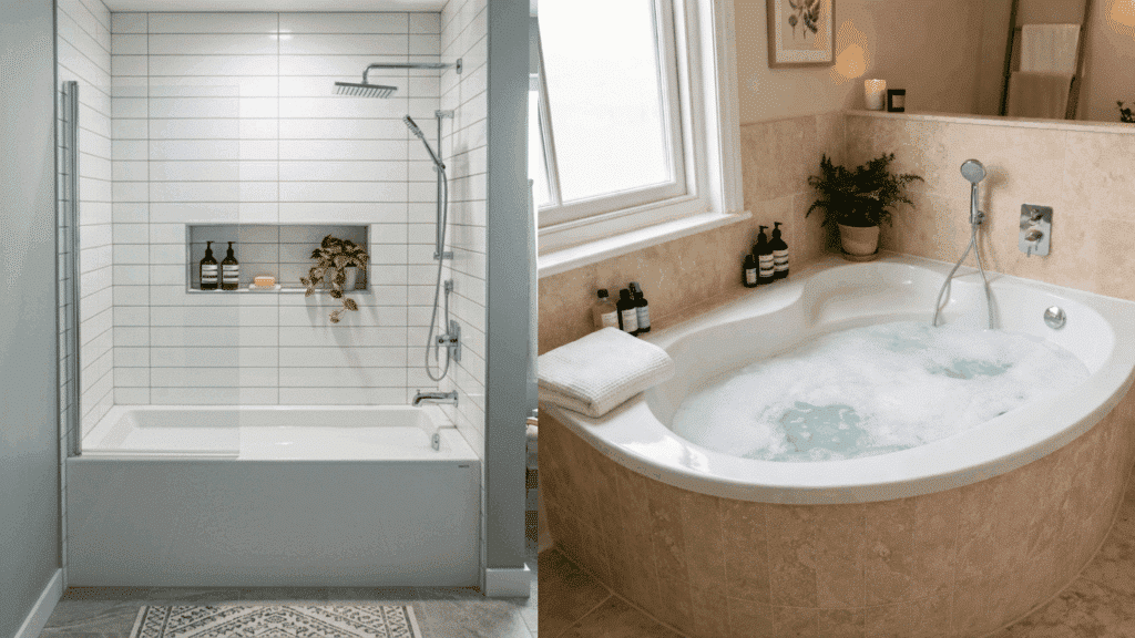 alcove bathtub with shower and corner soaking tub comparison setup.