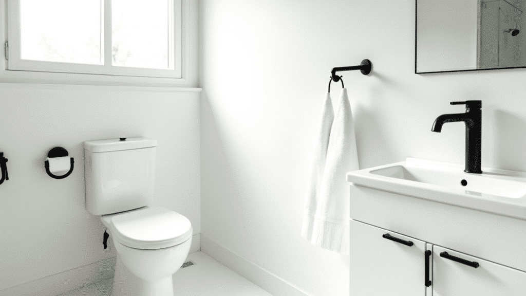 all white bathroom with coordinated matte black faucet, towel bar, robe hook and cabinet pulls throughout