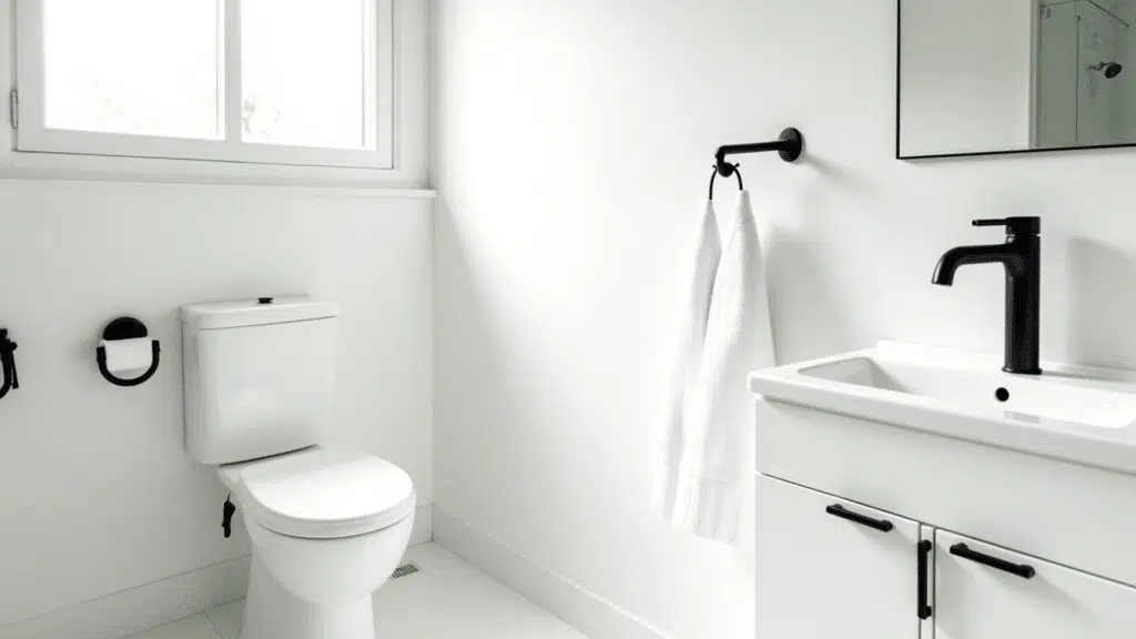 all white bathroom with coordinated matte black faucet, towel bar, robe hook and cabinet pulls throughout