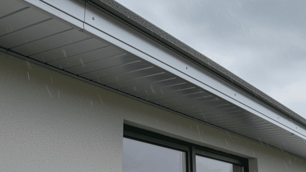 aluminum soffit installed under roof edge during rainy weather, showing durability and resistance to moisture and harsh conditions.