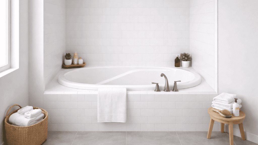 an alcove garden tub set between three white tiled walls in a compact bathroom showing its enclosed and space-saving installation style