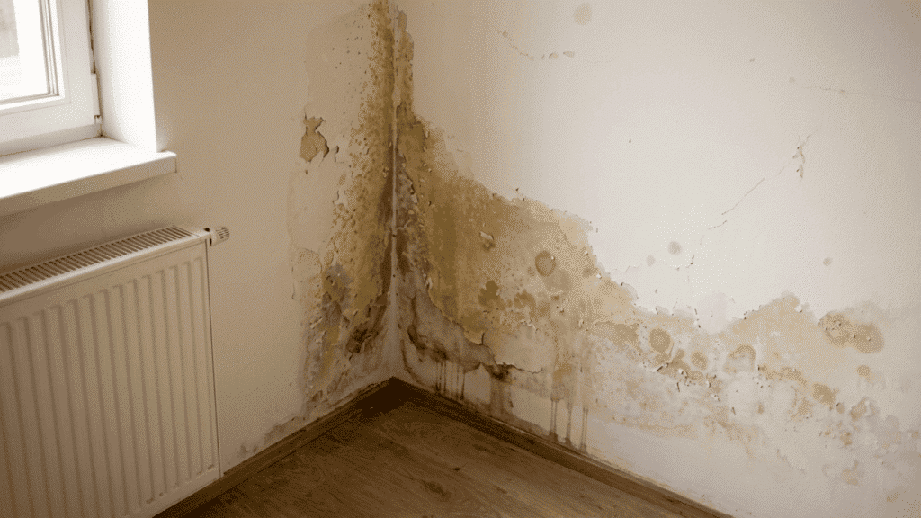 an interior home wall showing peeling paint water stains and soft spots caused by moisture entering through damaged vinyl siding