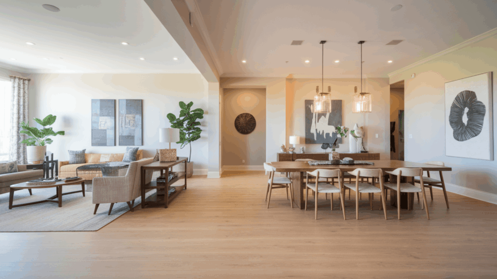 an open and spacious contemporary interior with no partitions, light flooring, and furniture arranged to define separate living zones