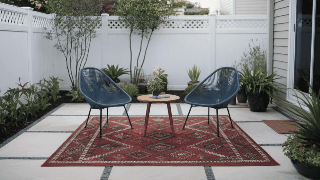 an outdoor lounge area with a patterned rug under two chairs and a small table on a tidy backyard patio with plants nearby