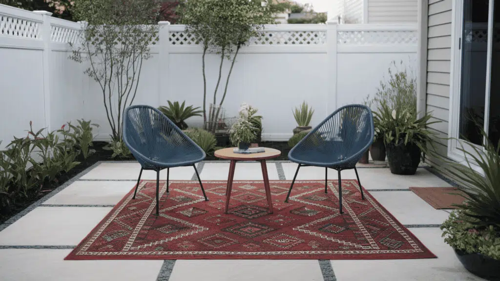 an outdoor lounge area with a patterned rug under two chairs and a small table on a tidy backyard patio with plants nearby
