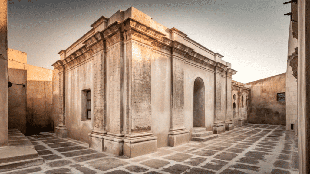 ancient limewashed stone building with classical columns, arched doorway, weathered walls, and a quiet courtyard with patterned stone flooring