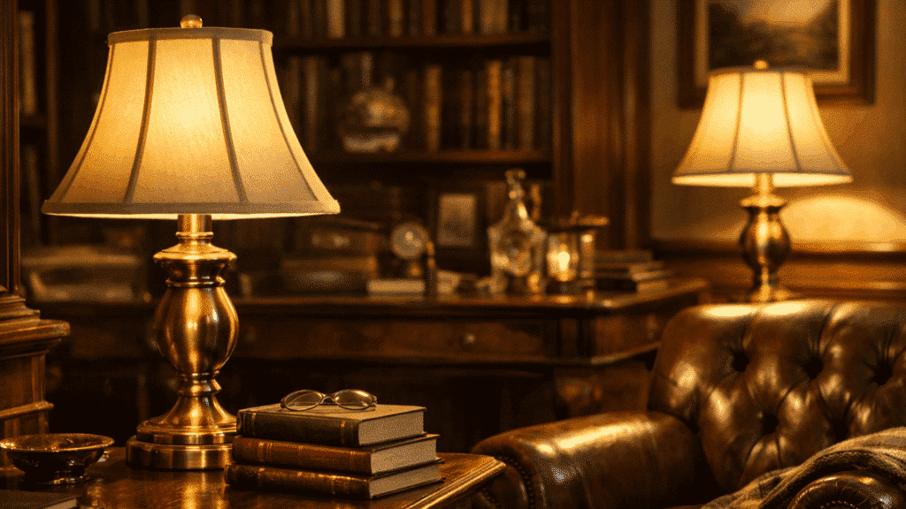 antique brass lamp on wooden side table beside leather armchair (1)