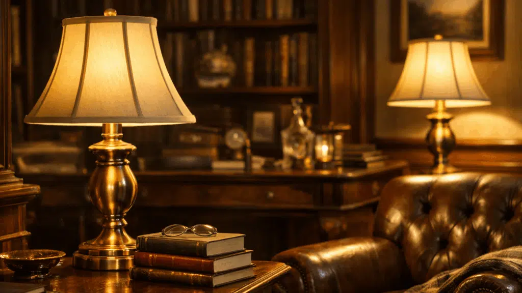 antique brass lamp on wooden side table beside leather armchair (1)