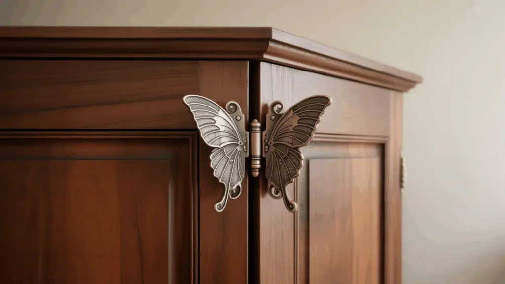 antique butterfly hinge mounted across two dark walnut cabinet doors showing the decorative symmetrical wing shaped bronze design