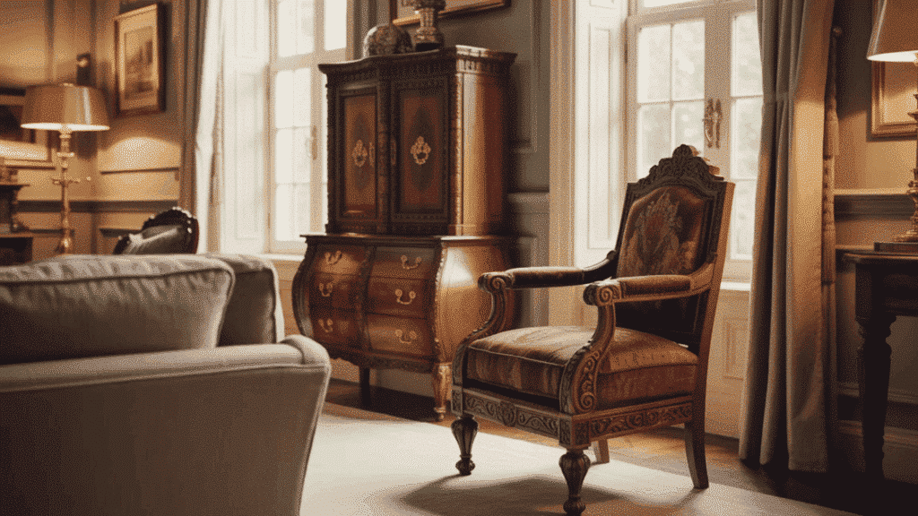 antique wooden cabinet and armchair in classic living room with neutral decor