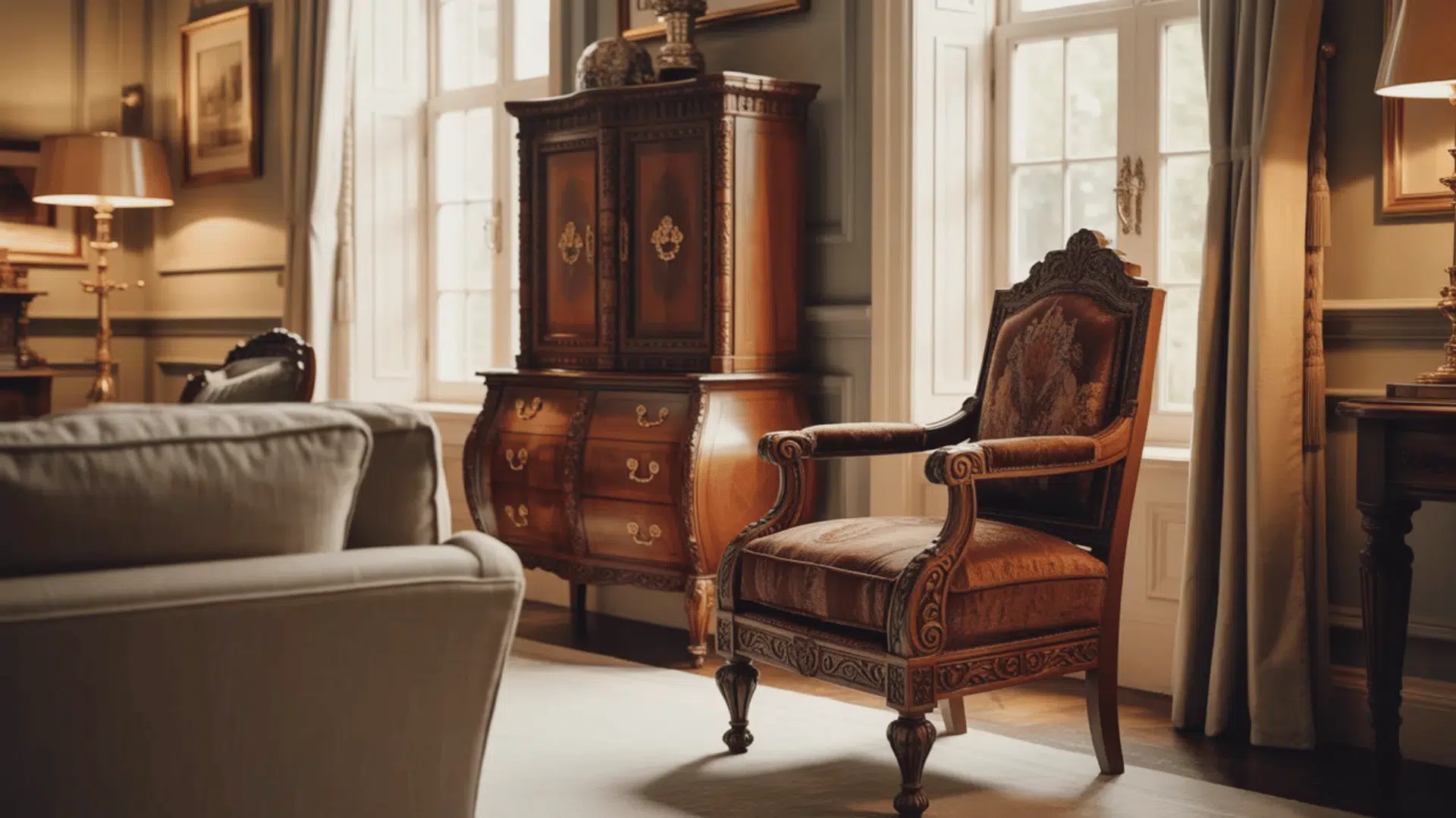 antique wooden cabinet and armchair in classic living room with neutral decor