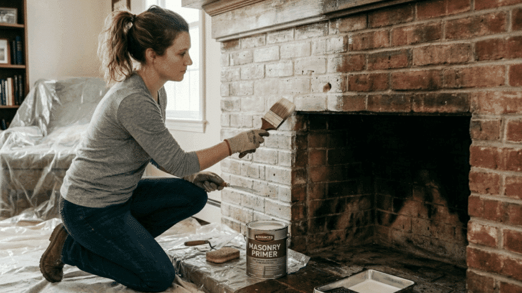 applying primer on brick fireplace for smooth paint finish.