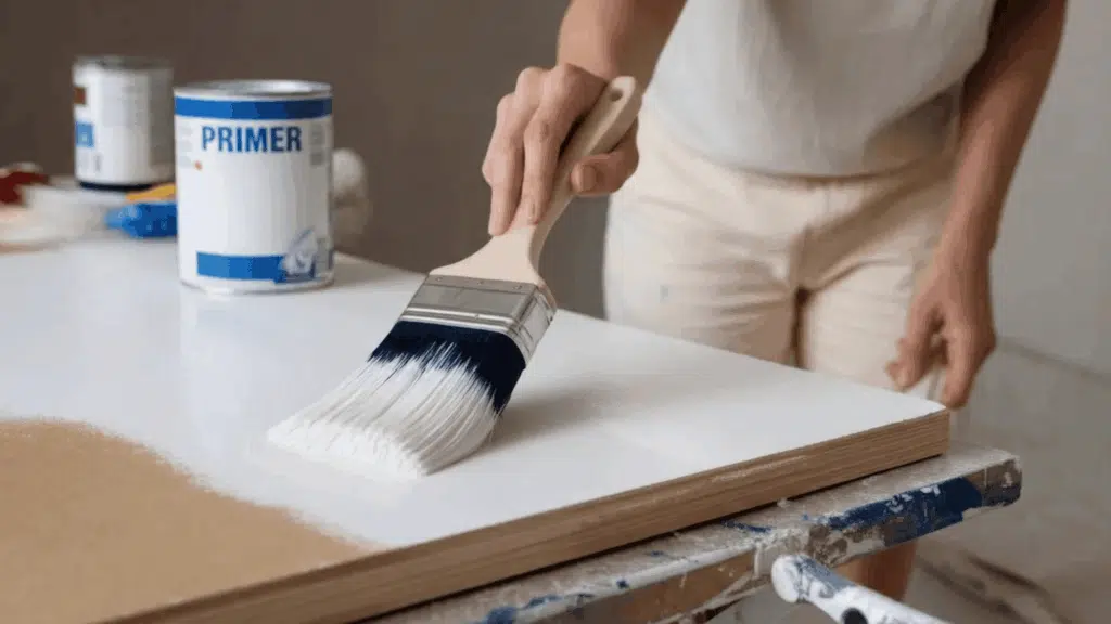 applying primer to wood using a paintbrush for a smooth surface before painting