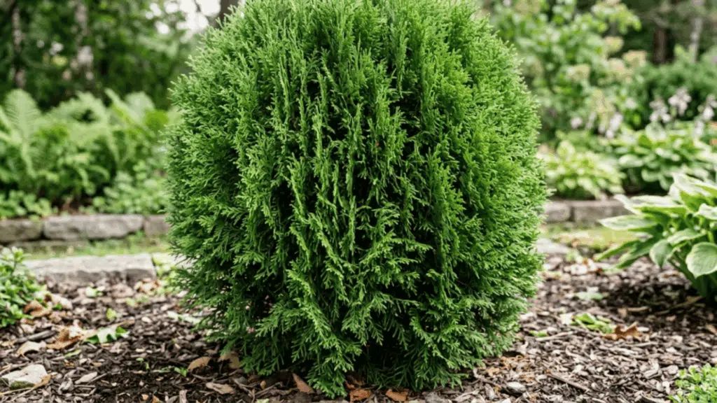 arborvitae shrub close up showing dense vertical green foliage texture in even lighting plant fully visible not cut from above with strong clarity