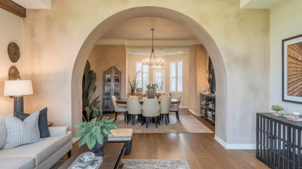 arched doorway leading to a bright dining room with chandelier, upholstered chairs, and warm wood flooring