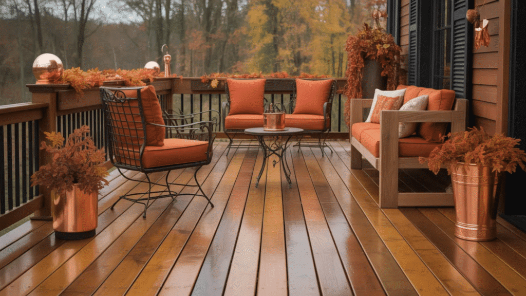 autumn-themed outdoor seating area with orange cushions, copper accents, and warm wooden decking.