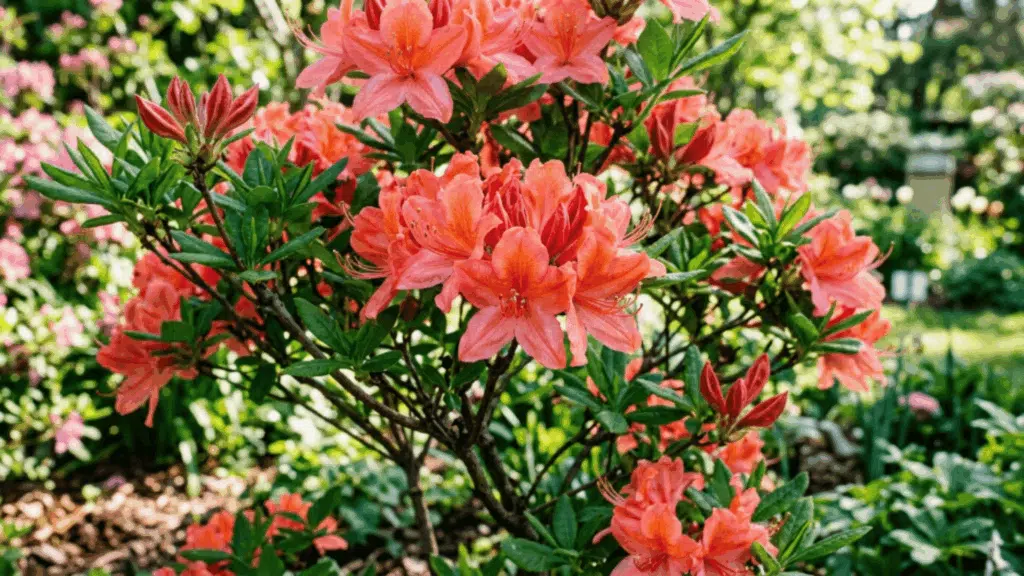azalea flower close up showing vibrant colorful petals with rich detail plant fully visible not cut from above in bright light with soft blur (1)