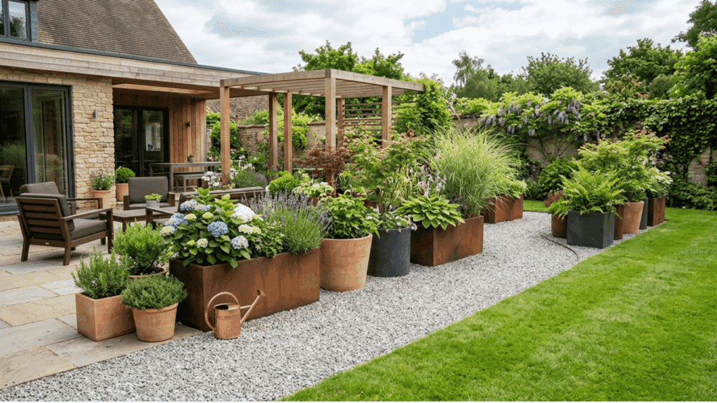 backyard design with large planters, gravel ground, and mixed plants for easy maintenance.