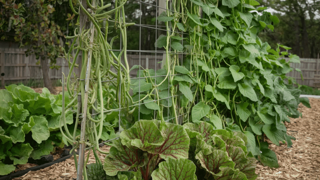 backyard garden trellis with climbing bean vines and leafy vegetables growing beside chard plants in mulched soil near wooden fence