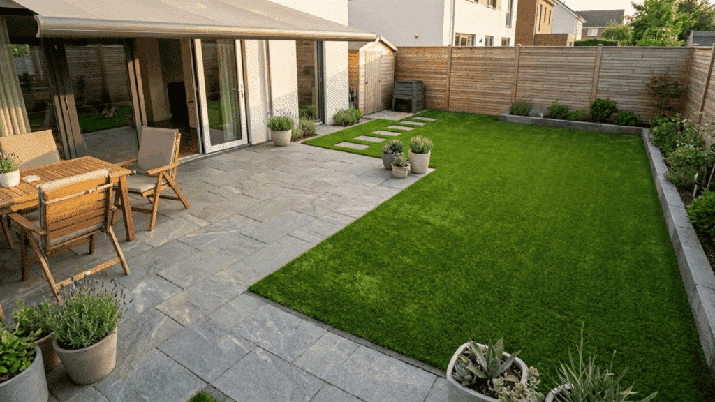 backyard with artificial grass and patio for a clean, low maintenance outdoor space.