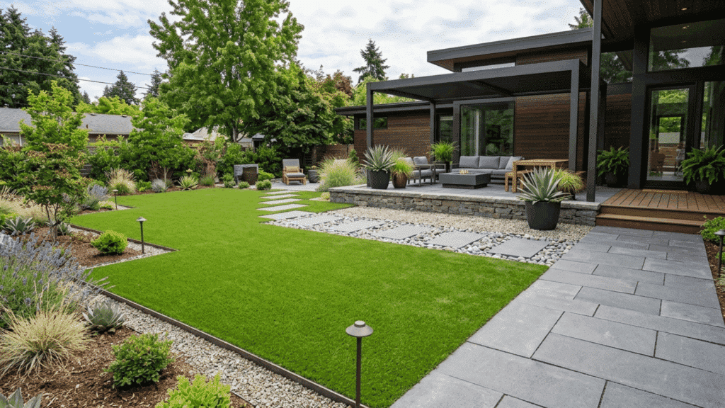 backyard with artificial grass, patio, and plants for a neat, low maintenance look.