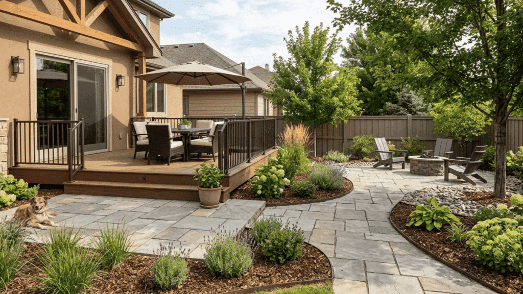 backyard with patio, deck, and plants showing balanced hardscaping and greenery.