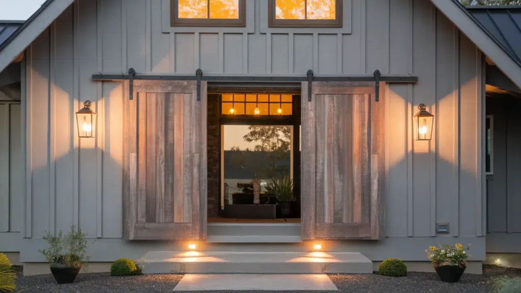 barn-style wooden sliding doors with intricate carvings and a potted plant beside them