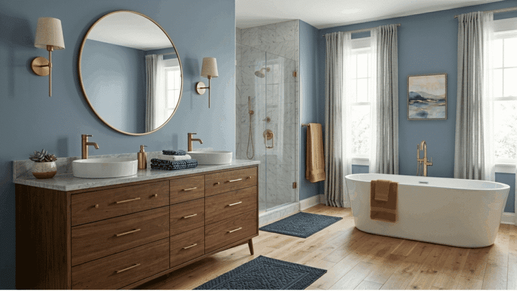 bathroom with Debonair blue walls, wood vanity, marble shower, and freestanding tub.