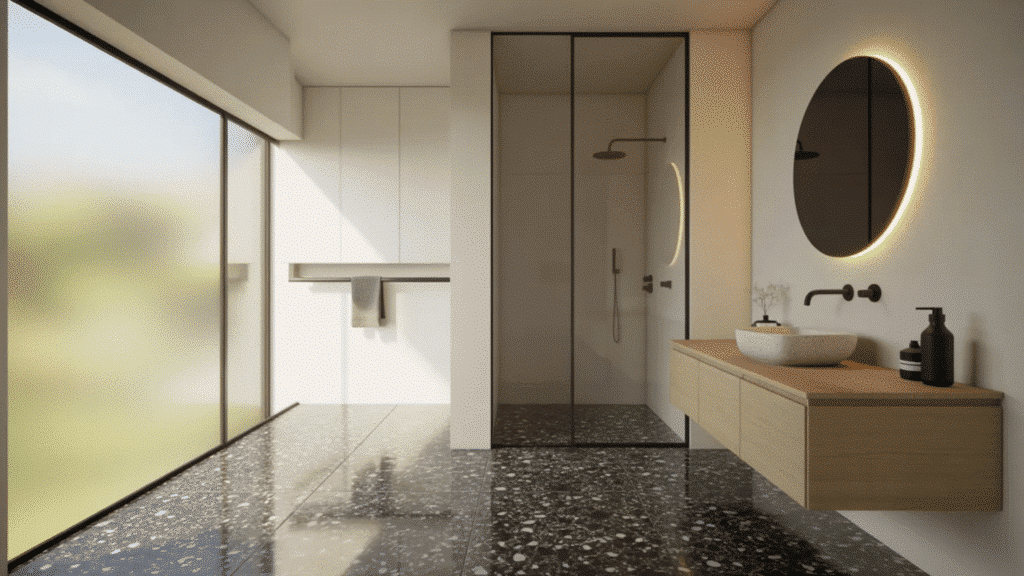 bathroom with black and white terrazzo floor featuring modern fixtures, clean lines, and minimalist decor for a stylish contemporary look