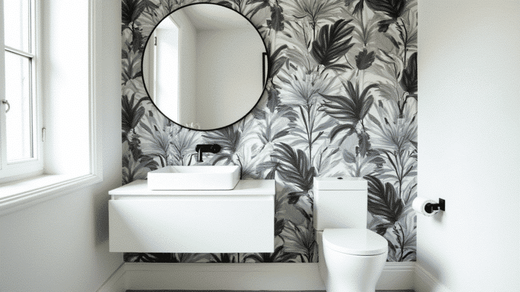 bathroom with bold black and white tropical botanical wallpaper accent wall and simple white floating vanity
