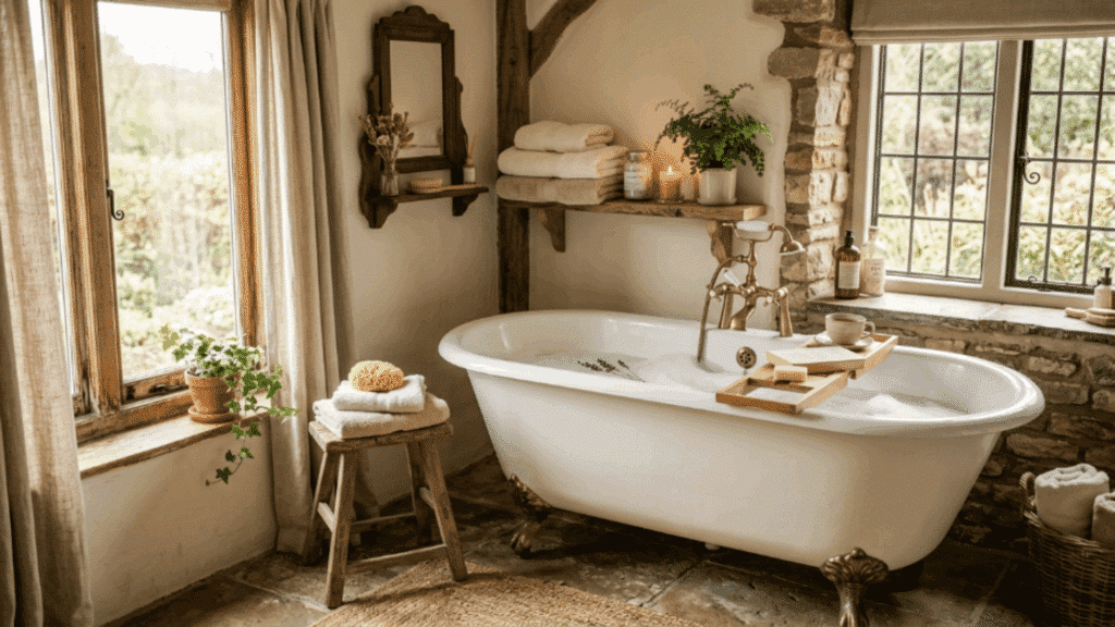 bathroom with clawfoot tub soft lighting neutral tones towels and simple decor creating a calm and cozy bathing space