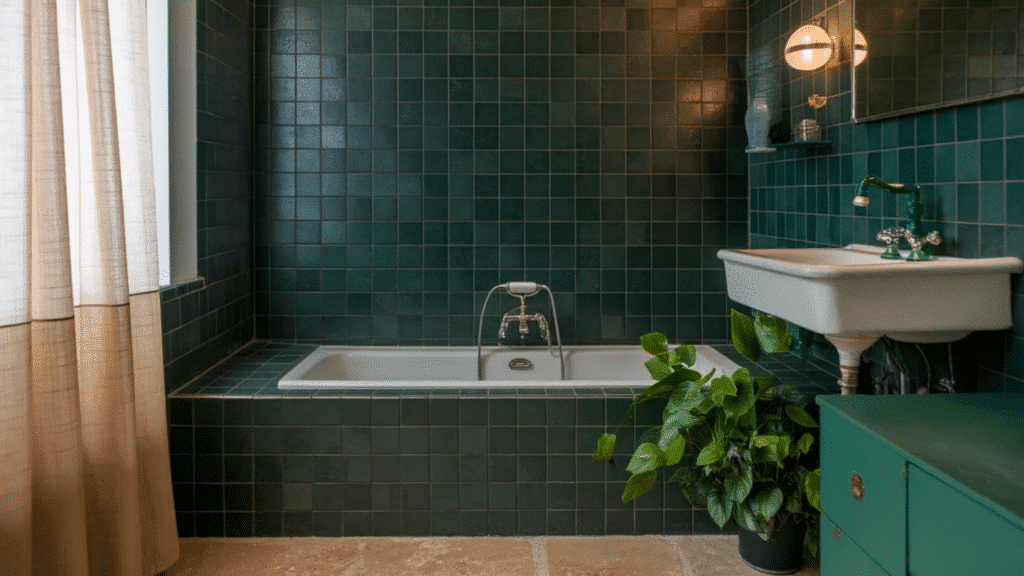 bathroom with dark green square tile walls, a built in tub with chrome fixtures, wall mounted white sink, green cabinet, and a potted plant beside the tub
