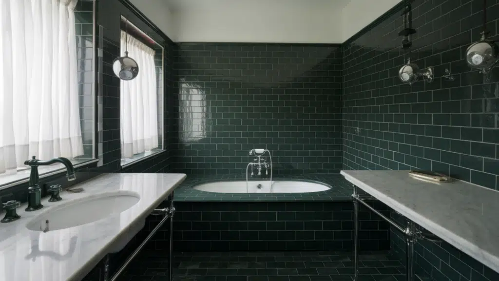 bathroom with glossy dark green subway tile walls, a built in soaking tub with chrome fixtures, marble countertops on both sides with sinks, black faucet hardware, and a window with white curtains