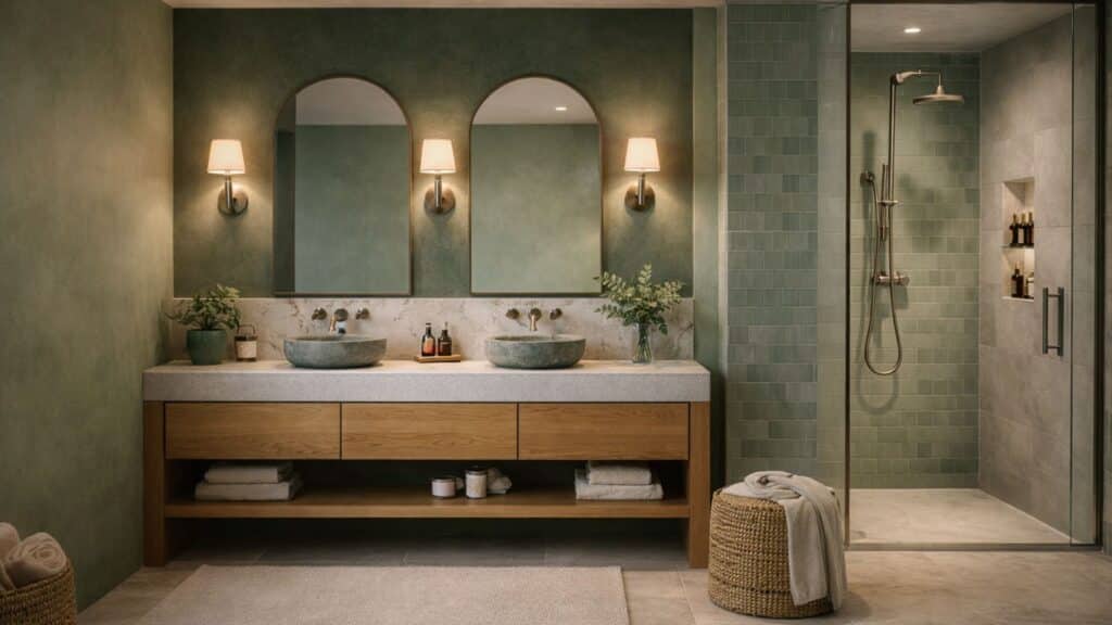 bathroom with layered green tones, featuring a wooden double vanity, stone vessel sinks, arched mirrors with warm sconces, and a glass walk-in shower, creating a calm and cohesive spa-like feel