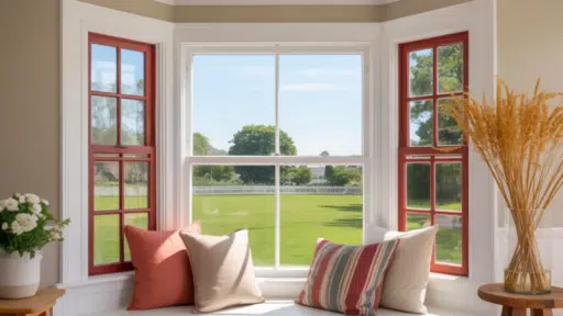 bay window with red-framed windows, cushions on a windowsill, and a view of a green field outside