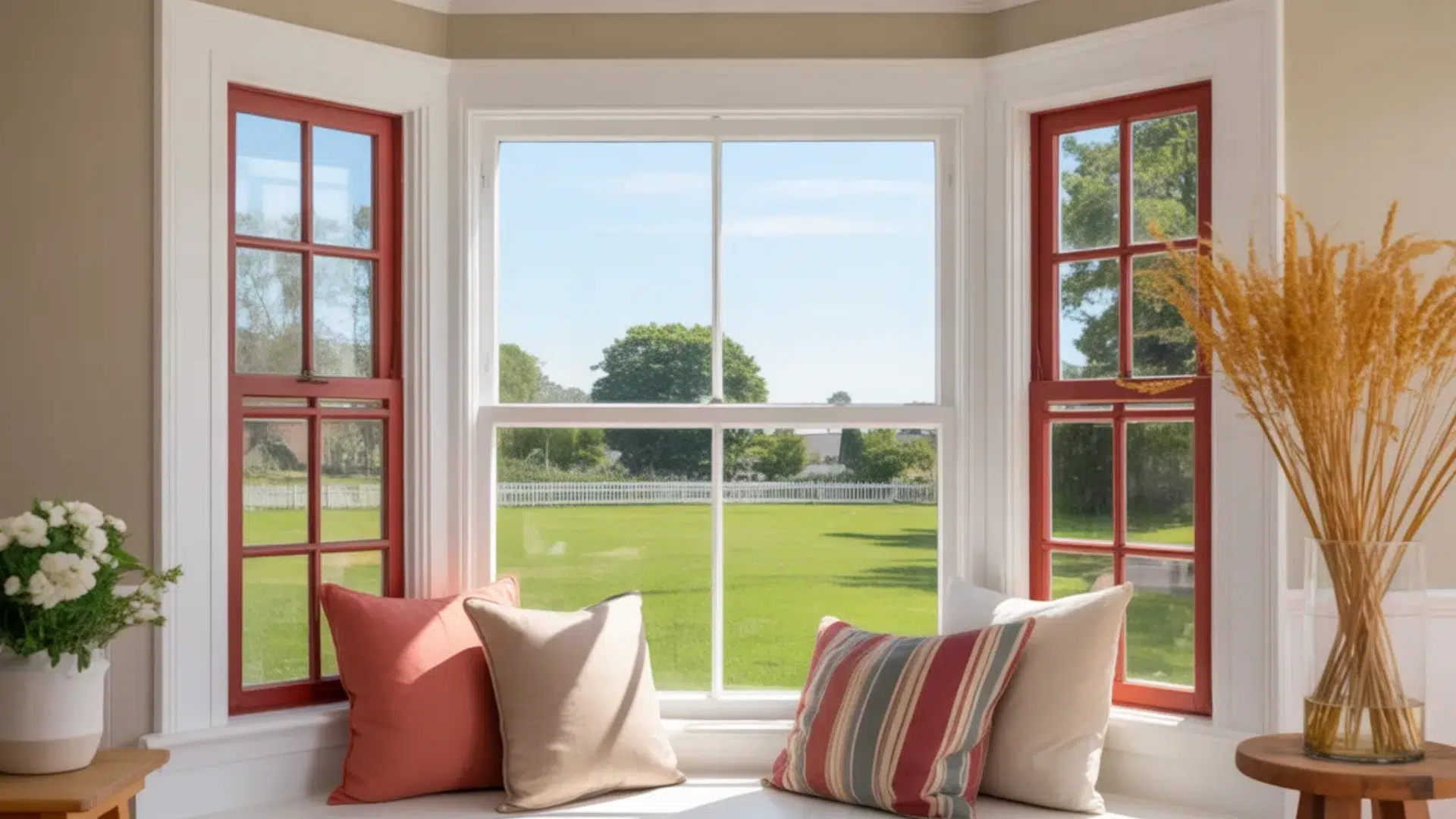 bay window with red-framed windows, cushions on a windowsill, and a view of a green field outside