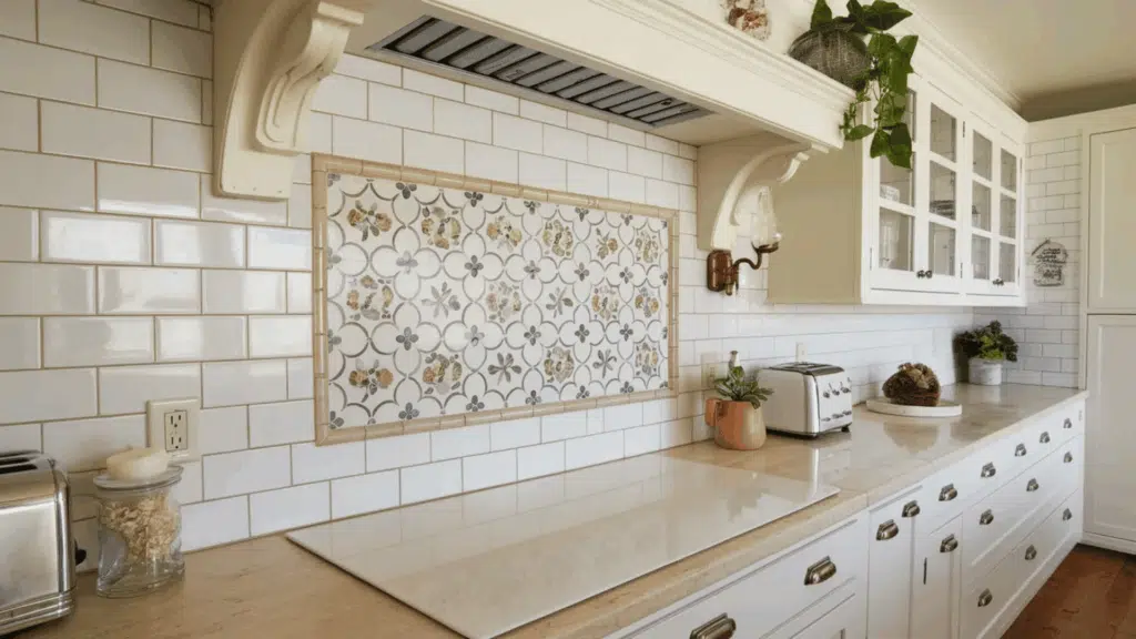 beautiful kitchen with white subway tiles and floral accent backsplash