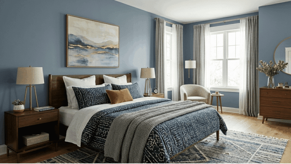 bedroom with Debonair blue walls, wooden bed frame, neutral bedding, and large windows.