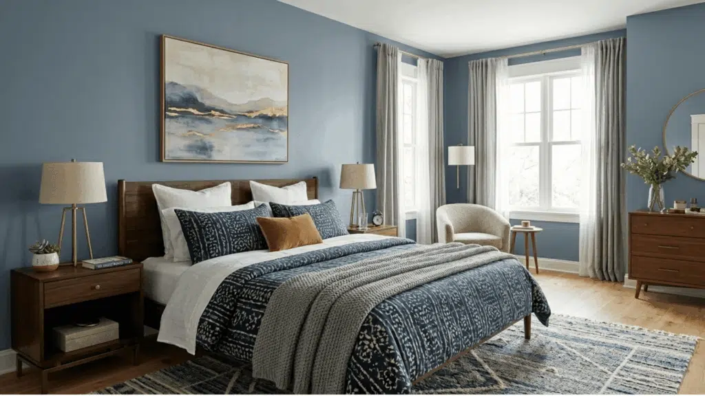 bedroom with Debonair blue walls, wooden bed frame, neutral bedding, and large windows.