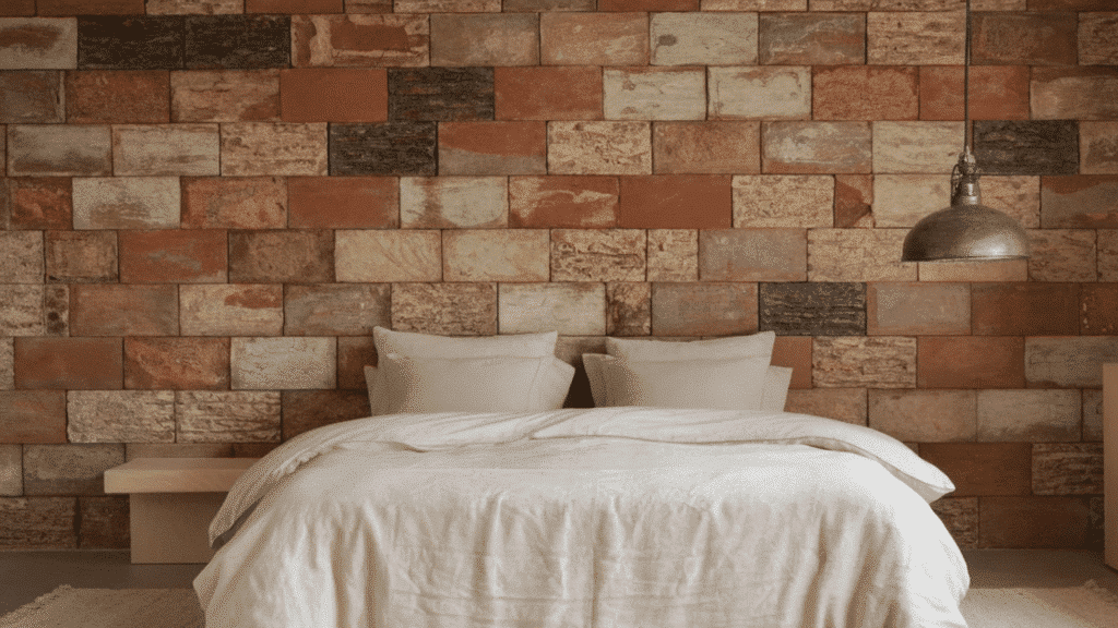 bedroom with a brick accent wall, white bedding, a simple bench nightstand, and an industrial style pendant light