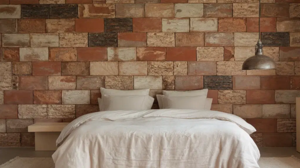 bedroom with a brick accent wall, white bedding, a simple bench nightstand, and an industrial style pendant light