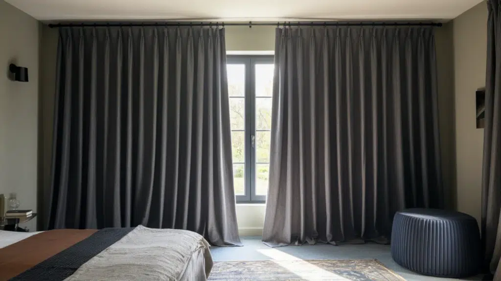 bedroom with floor to ceiling gray curtains covering a window and a small upholstered ottoman nearby