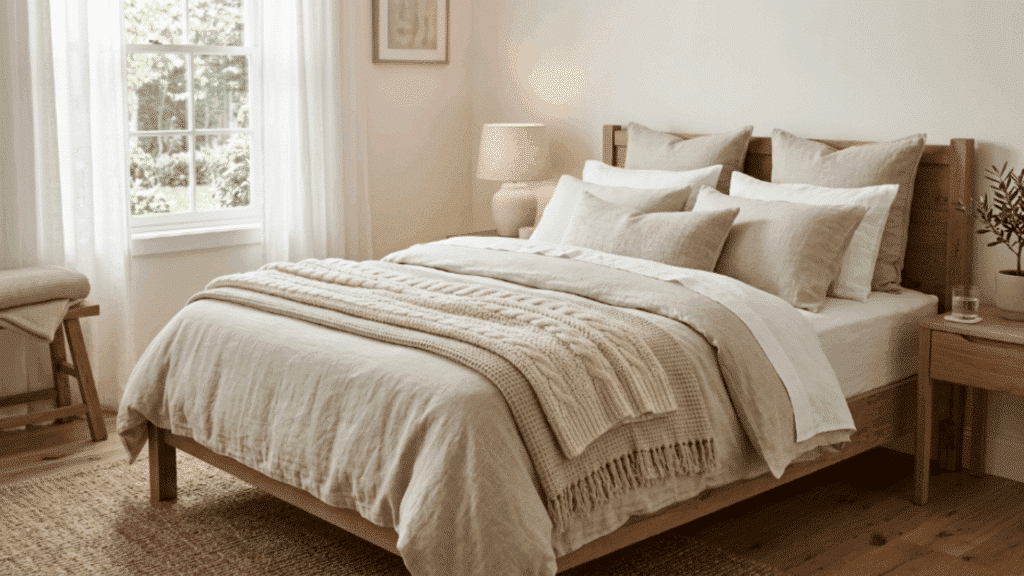 bedroom with linen bedding layered blankets soft pillows warm light and relaxed feel creating a cozy and restful environment